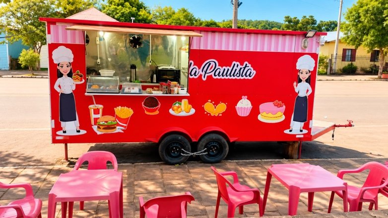 Trailer vermelho do Quitutes da Paulista com mesas e cadeiras ao ar livre.